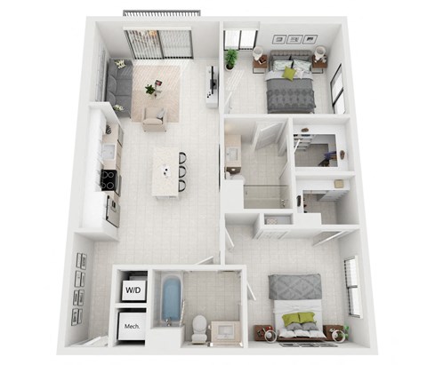 Floor plan for 2 beds, 2 baths, 1051 sqft